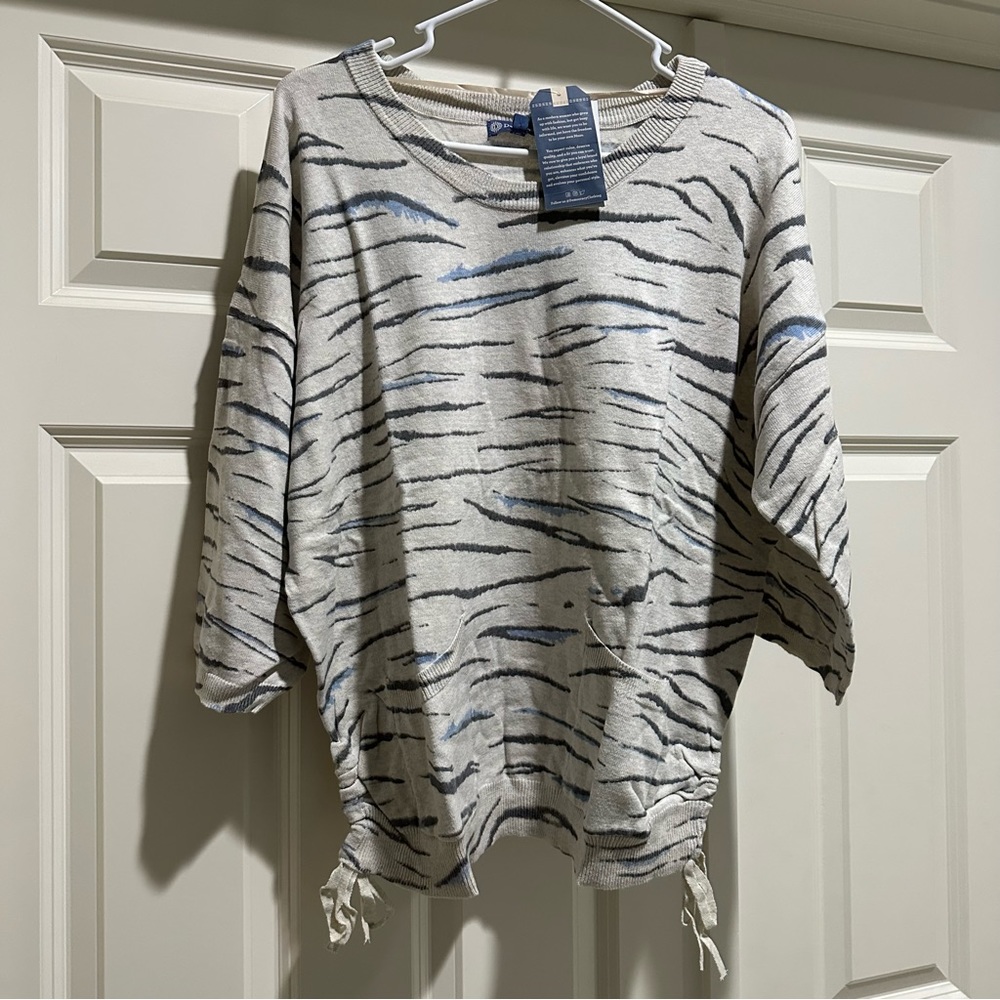 Democracy Cream Sweater with Navy and Light Blue Zebra Stripes